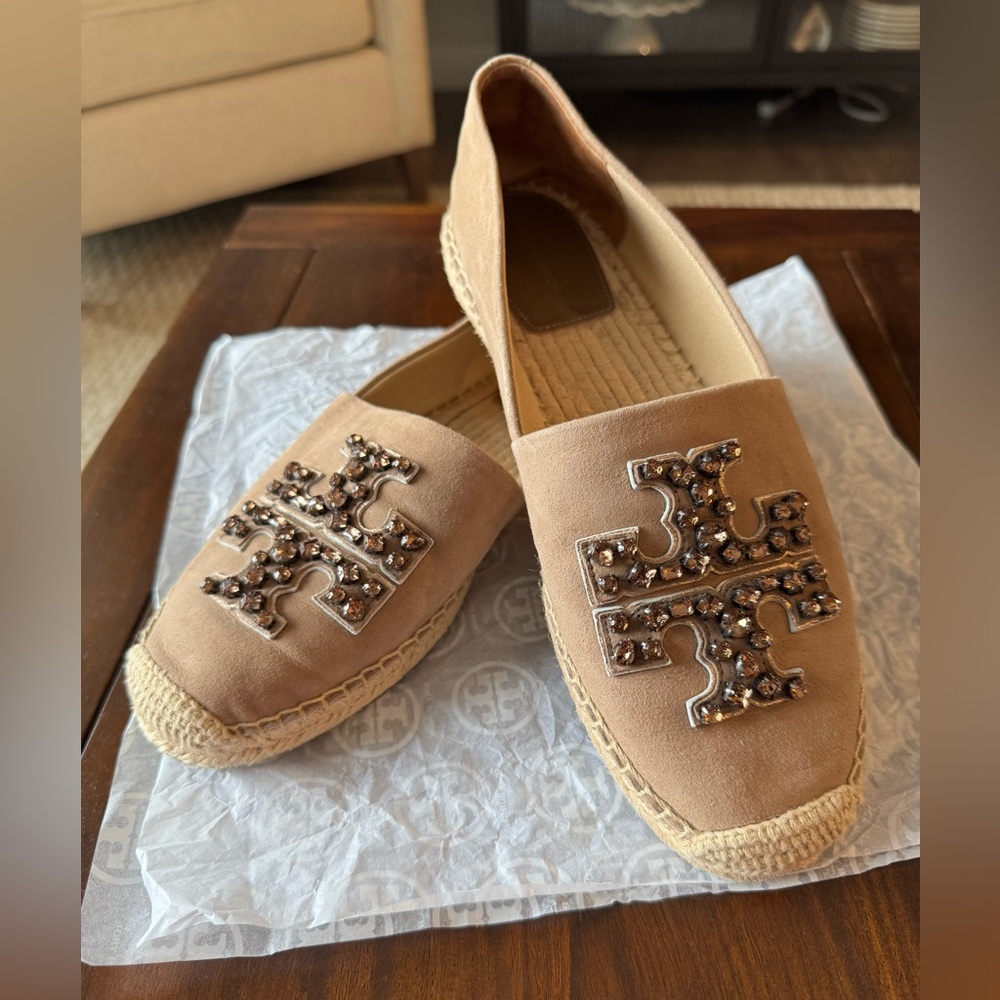 Tory Burch Beige Canvas Espadrille Flats with Embellished Logo